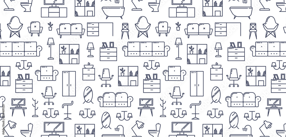 Pattern for furniture concept with outline icons for home decor, furniture store, renovation. Flat vector design. Modern graphic design. Home accessories.