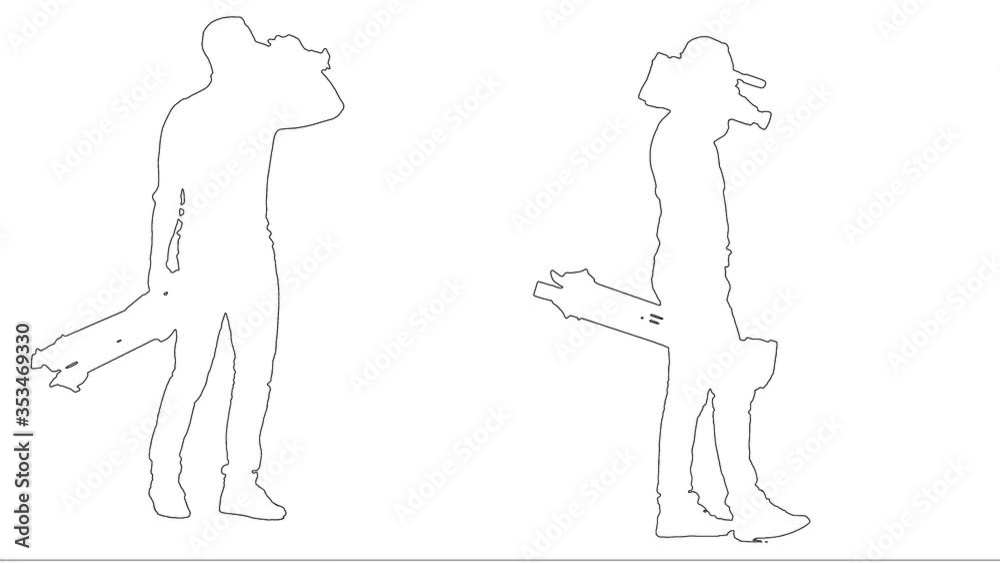 Outline sketch of cameraman comes with a tripod and a camera in his hands isolated on white background. Silhouette. Side view. 2 in 1 Outline sketch of cameraman comes with a tripod and a camera in his hands isolated on white background. Silhouette. Side view. 2 in 1