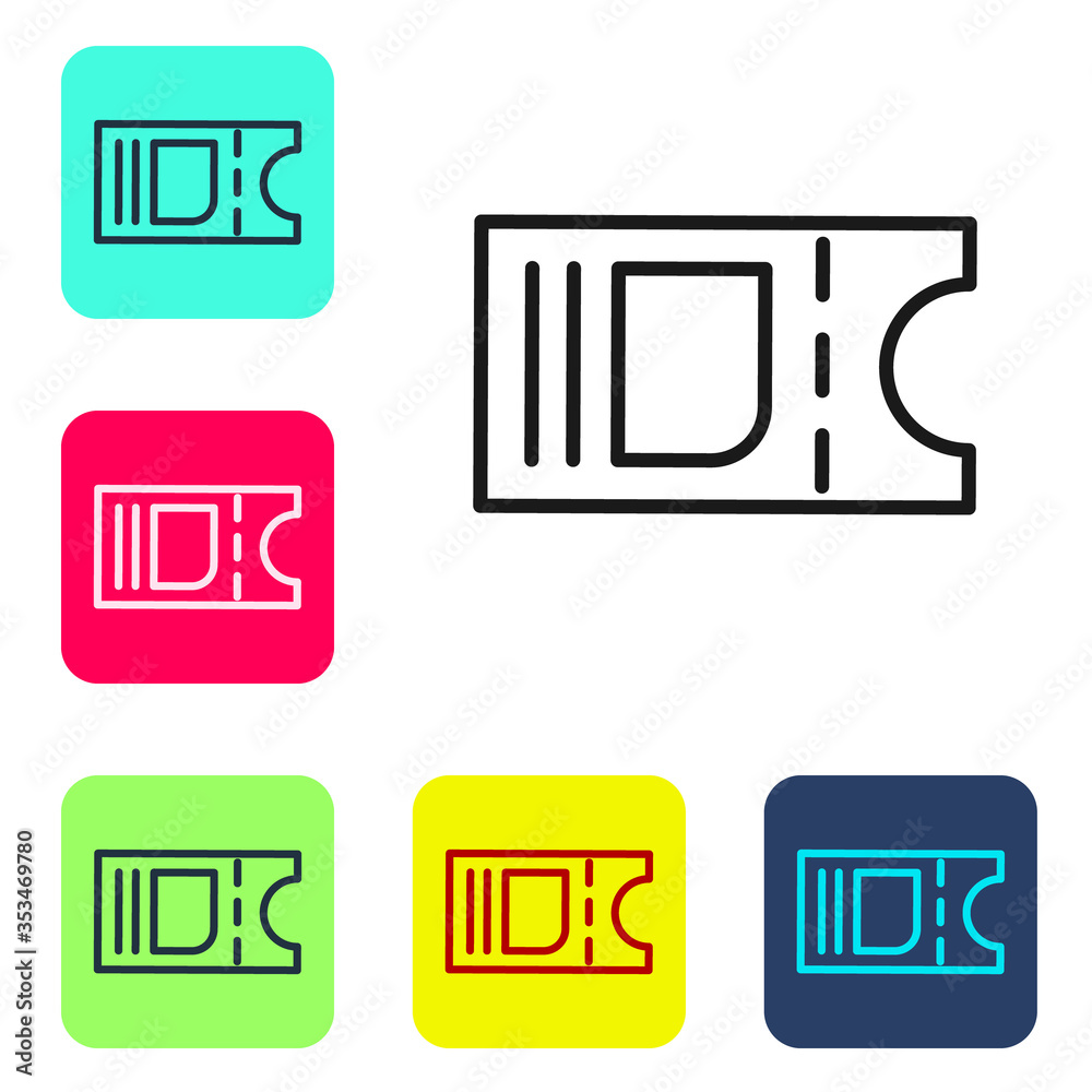 Black line Cinema ticket icon isolated on white background. Set icons in color square buttons. Vector Illustration. Black line Cinema ticket icon isolated on white background. Set icons in color square buttons. Vector Illustration.