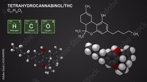 Animated models of tetrahydrocannabinol molecule, seamless loop, 4k photo
