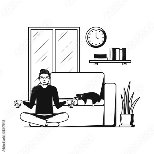 Yoga from home. A man sits in a lotus position in a meditative state.