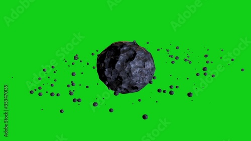 An asteroid or meteor with a lot of debris and fragments rotates around its axis. 3d graphics and rendering. Looped video. Chroma key