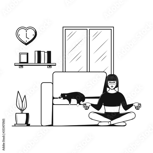 Yoga from home. A woman sits in a lotus position in a meditative state.