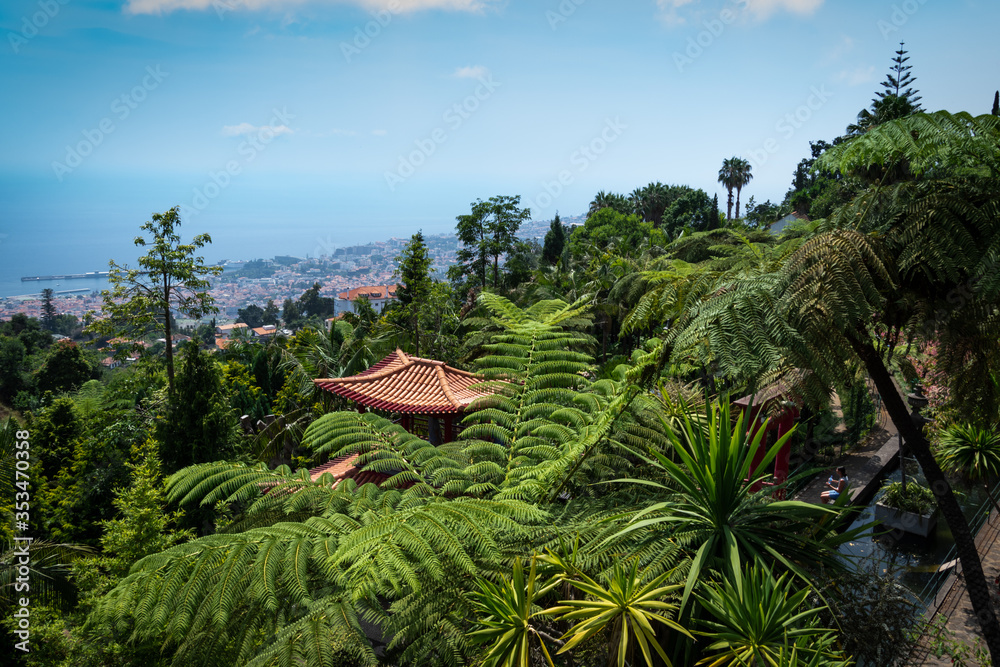 Panorama view of the Monte Palace Garden with Funchal and ocean in a distance. Madeira Portugal 2018. 