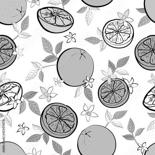 Monochrome gray seamless pattern with fruit citrus, lemon, orange, leaves , flowers on white background. Cartoon style. Hand drawn. For wrapping paper, kitchen design. Vector stock illustration.