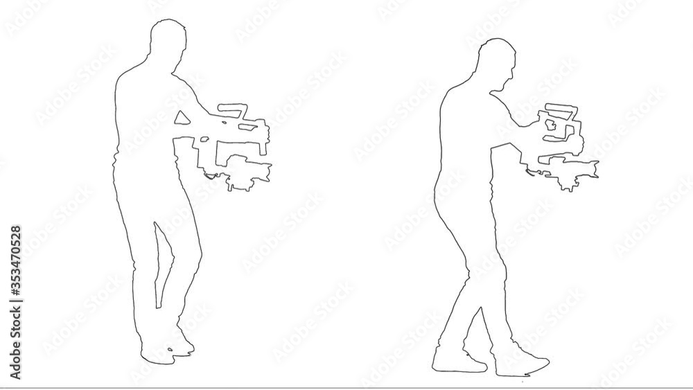 Outline sketch of cameraman steps with the camera and steadicam isolated on white background. Silhouette. Side view. 2 in 1 Outline sketch of cameraman steps with the camera and steadicam isolated on white background. Silhouette. Side view. 2 in 1