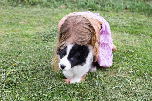 Windblown blond little girl in pink summer dress with face buried in fur while kneeling and cradling two-month old black and white border collie puppy