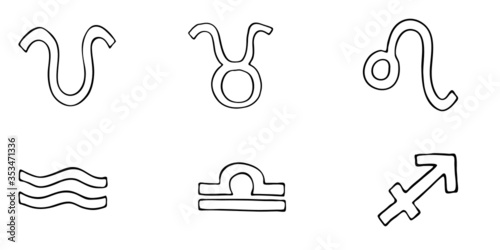 Set of six astrological signs (zodiac): aries, taurus, leo, aquarius, libra, sagittarius