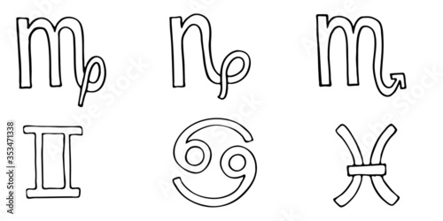Set of six astrological signs (zodiac): pieces, gemini, cancer, virgo, scorpio, capricorn