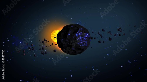 The rotation along the orbit of the asteroid with lots of debris in outer space. 3d graphics and rendering. Looped video