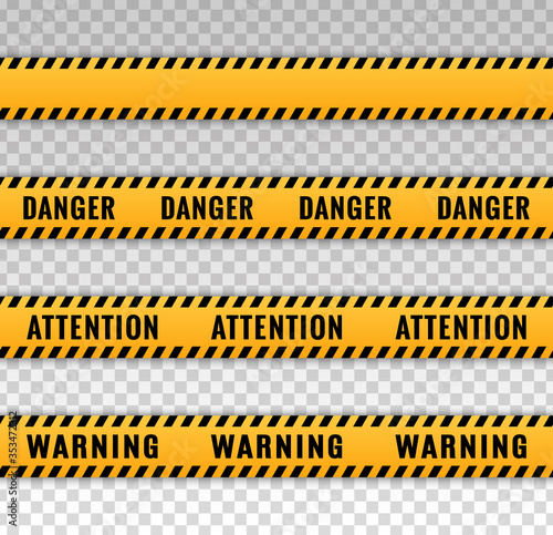 Tape caution. Stripe warning, attention, danger. Yellow and black cross line. Safety barrier sign. Hazard construction. Banner stripes. Scene ribbon. Accident border. Strip warn alert. Vector sign © Omeris