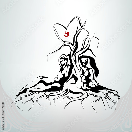 Silhouette of Adam and Eve sitting near a tree