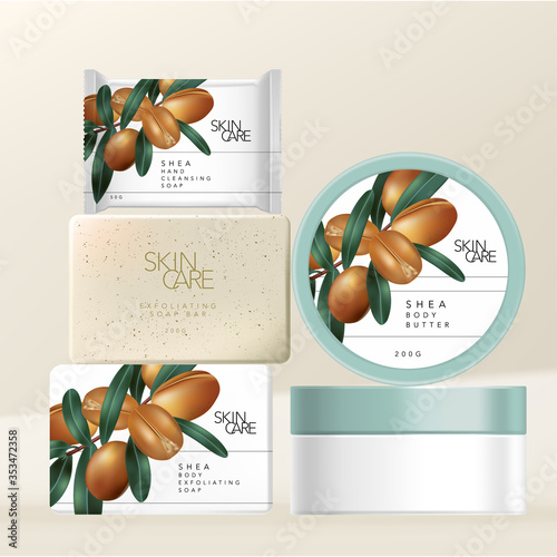 Vector Shea Butter Body Scrub and Hand or Facial Cleansing Soap & Body Butter Jar Packaging with Minimal Shea Butter Nuts Illustration Print.
