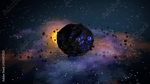 Flyby of an asteroid or minor planet in orbit. Sunrise and sunset due to an asteroid with debris. 3d graphics and rendering. Looped video