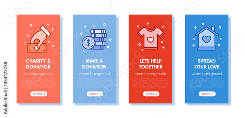 Set of banners Charity and donation. Hand giving money, pail of coins, cloth. Volunteers work concept illustration set, for banner, landing page, mobile app. Vector template with outline icons