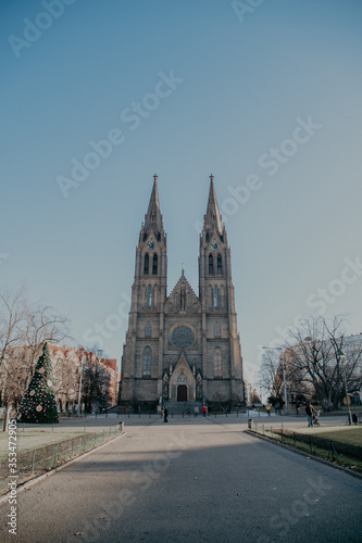 front sunny side of a gothic cathedral in Prague