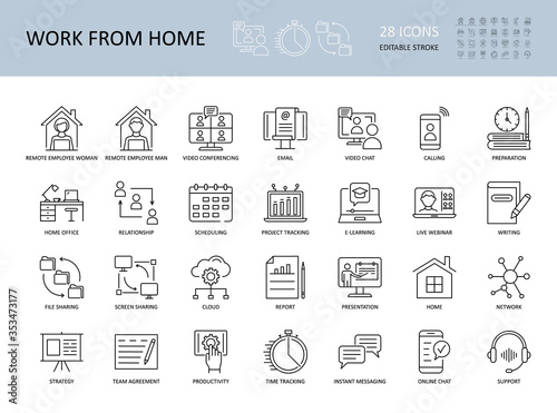 Vector icons Work from home. Editable Stroke. Remote employees woman and man workplace. Video conference email, time and project tracker, productivity strategy. Support online chat call presentation