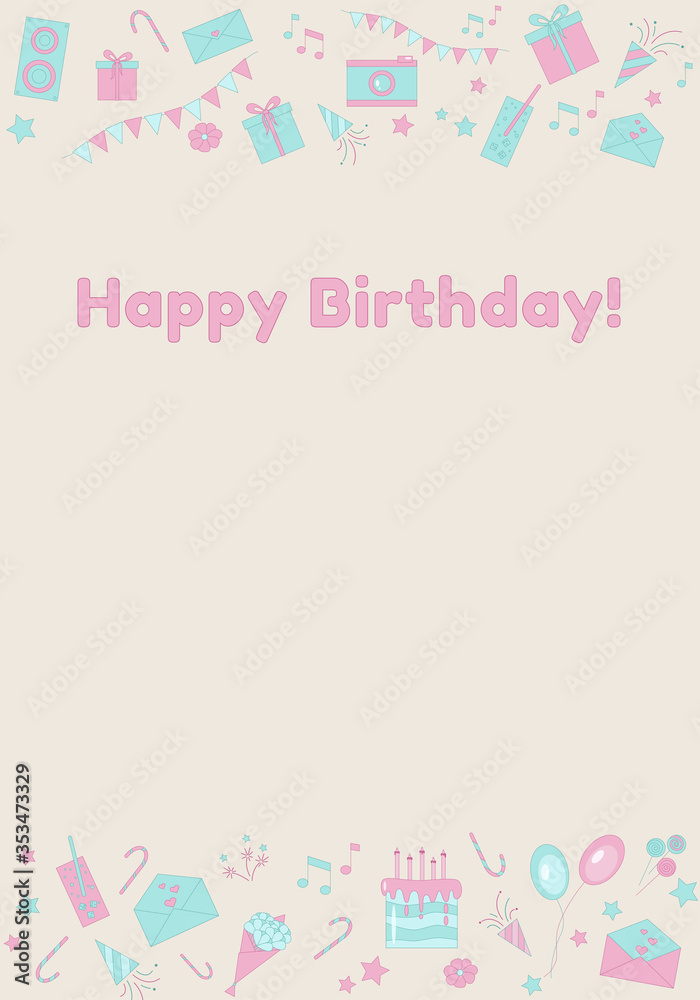 Happy birthday flat colorful seamless patternwith birthday cake, gift box, balloons, greeting cards, music notes for wallpapers, wrapping, textile prints, backgrounds, postcards. Set of festival icons