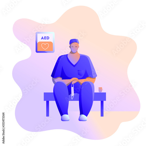Exhausted doctor sitting in corridor at hospital.  Tired medical worker. Vector modern illustration in cartoon style.