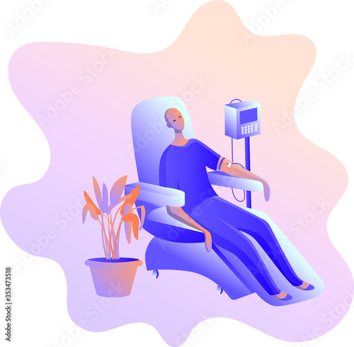 Chemotherapy and oncology disease concept. Oncology patient with intravenous dropper in hospital ward vector modern illustration. Cancer patient. Medical procedures. 