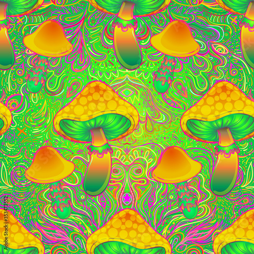Magic mushrooms. Psychedelic hallucination. Vibrant vector illustration. 60s hippie colorful art.