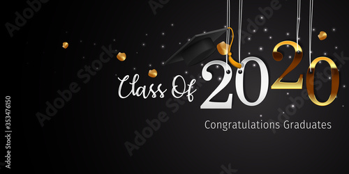 2020 Graduation with Cap Vector. Class of 2020 Year Graduation Banner. Banner for Graduation Greeting Card. Lettering Class of 2020 for Greeting and Invitation Card. photo