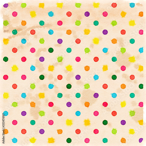 Watercolor background with colorful polka dots on beige paper