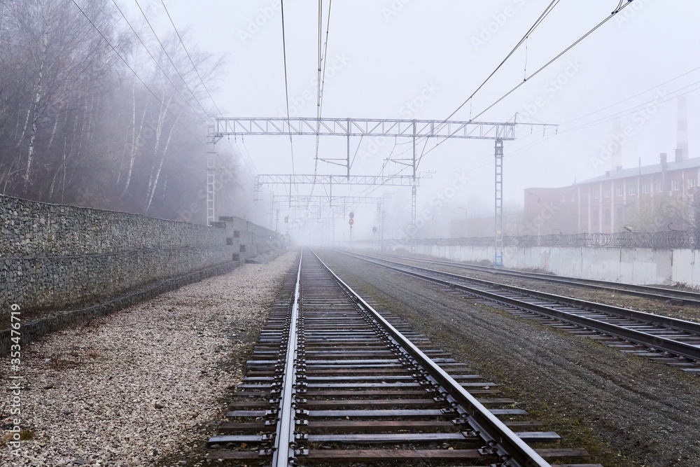 Fototapeta premium railroad rails lurking in fog in perspective