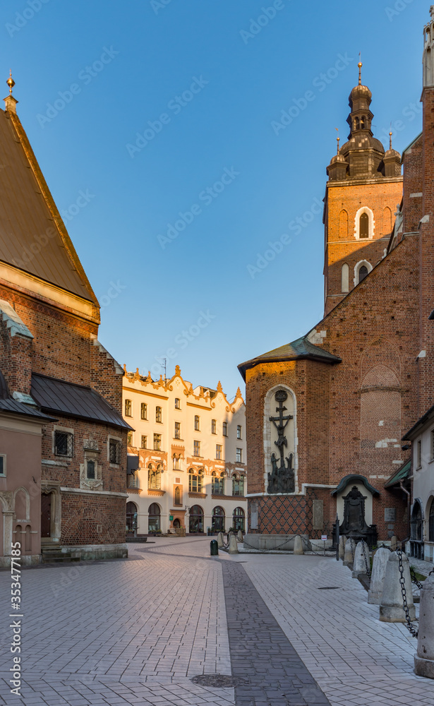 Mariacki square and St Mary's church in the morning, Krakow, Poland