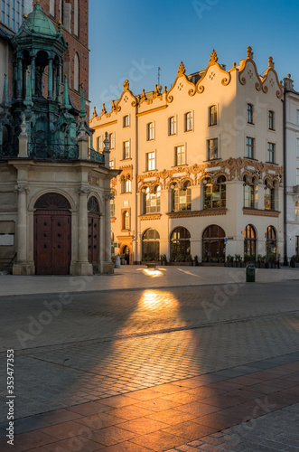 Krakow, Poland, art nouveau house on the Main Square in the morning sunlight