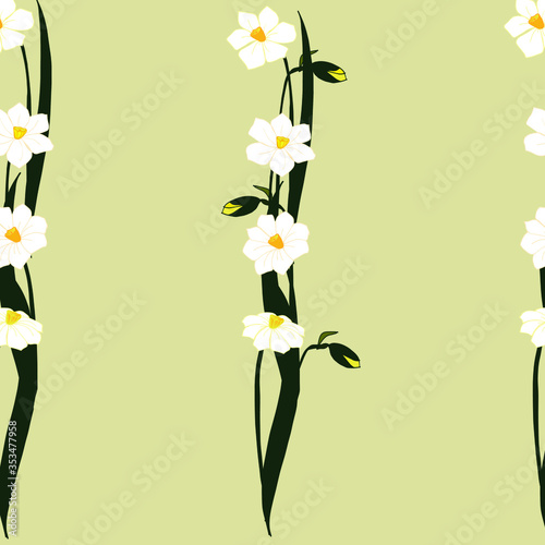 Seamless pattern with white flowers, buds and green daffodil leaves. Lots of white flowers in bouquets. Spring, summer flower pattern. Pattern with white daffodils on a beige background.