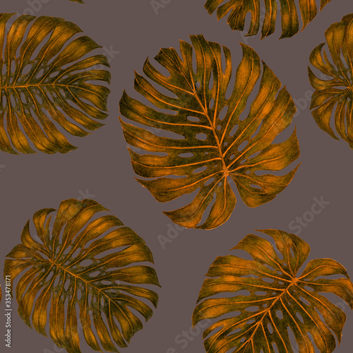 Beautiful seamless pattern with tropical leaves and flowers drawn with colore...