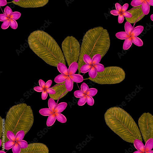 Beautiful seamless pattern with tropical leaves and flowers drawn with colore...