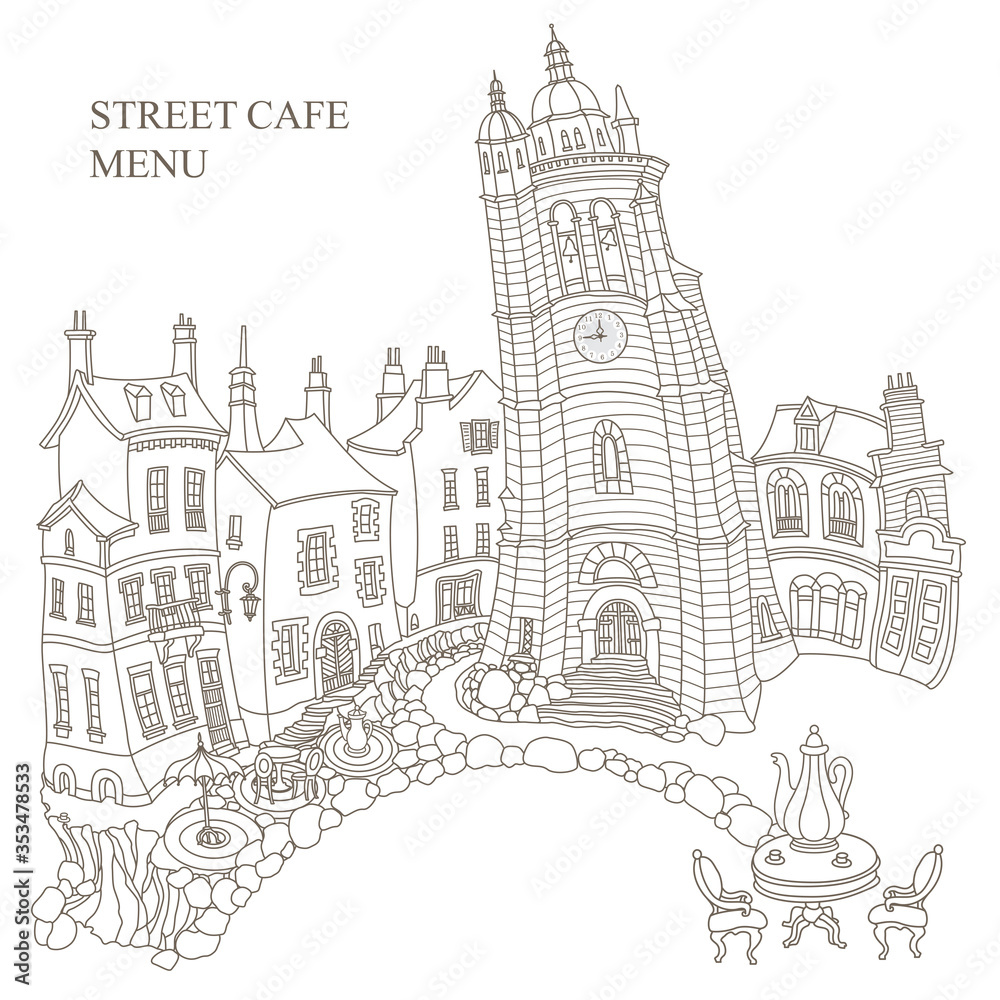 Fairy tale medieval town houses and street café. Black and white hand drawn sketch. Adults coloring book page, tee shirt print, Travel Brochure, café menu cover