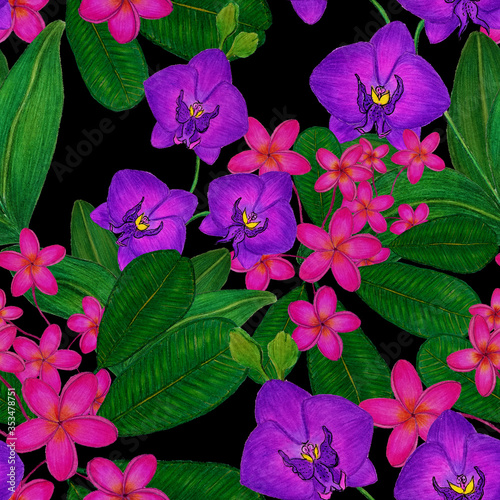 Beautiful seamless pattern with tropical leaves and flowers drawn with colore...