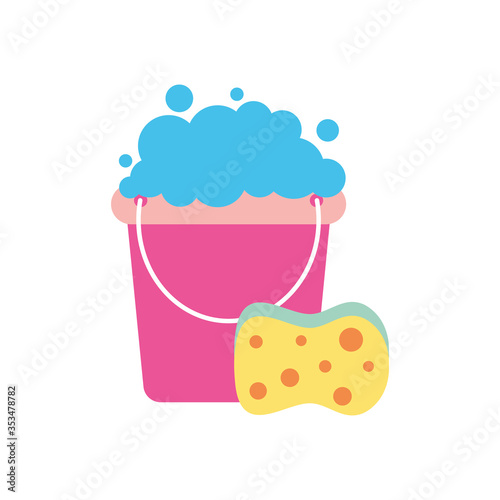 bucket with soapy water and sponge, flat style