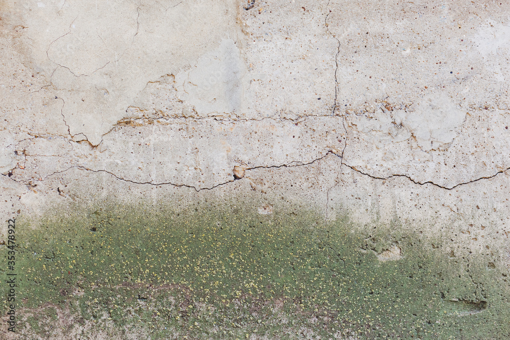 Naklejka premium Concrete wall with cracks and moss. Industrial grunge texture.
