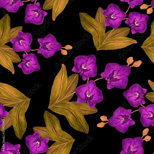 Beautiful seamless pattern with tropical leaves and flowers drawn with colore...