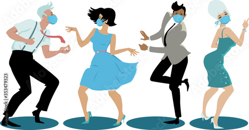 People dressed in vintage  fashion and protective face masks dancing the Twist, EPS 8 vector illustration  