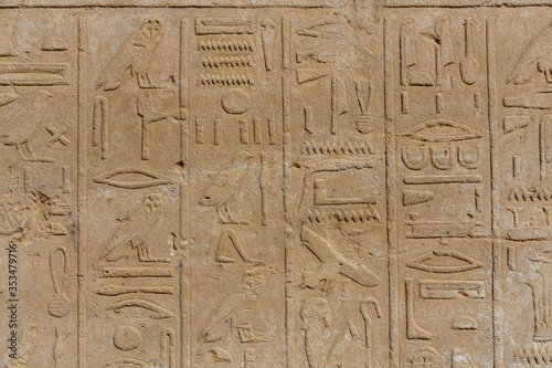 Egyptian ancient hieroglyphs on the stone wall