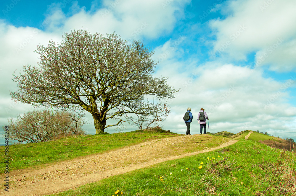 Two ladies walking in the Malvern hills of England in the Springtime. Two ladies walking in the Malvern hills of England in the Springtime.