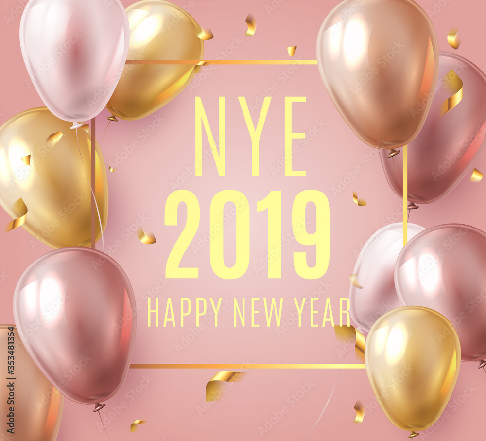 Vector stock elegant pink balloon party happy new year celebration festival  background. NYE 2019 confetti greeting background with helium shine gold  and pink balloon. Rich, VIP, luxury. Stock Vector | Adobe Stock