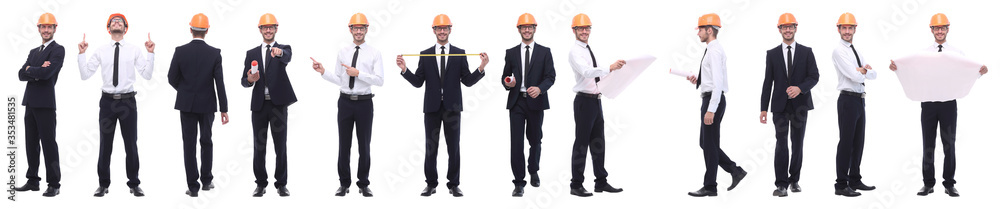 panoramic photo collage of confident architect isolated on white panoramic photo collage of confident architect isolated on white
