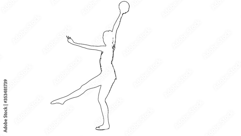 Outline sketch of gymnast with the ball in her hands flips backward isolated at white background. Slow motion Outline sketch of gymnast with the ball in her hands flips backward isolated at white background. Slow motion