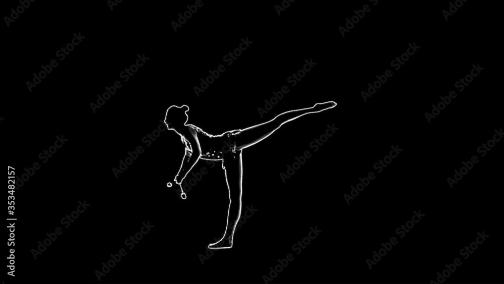 Outline sketch of gymnast dance with juggling clubs isolated at black background. Slow motion