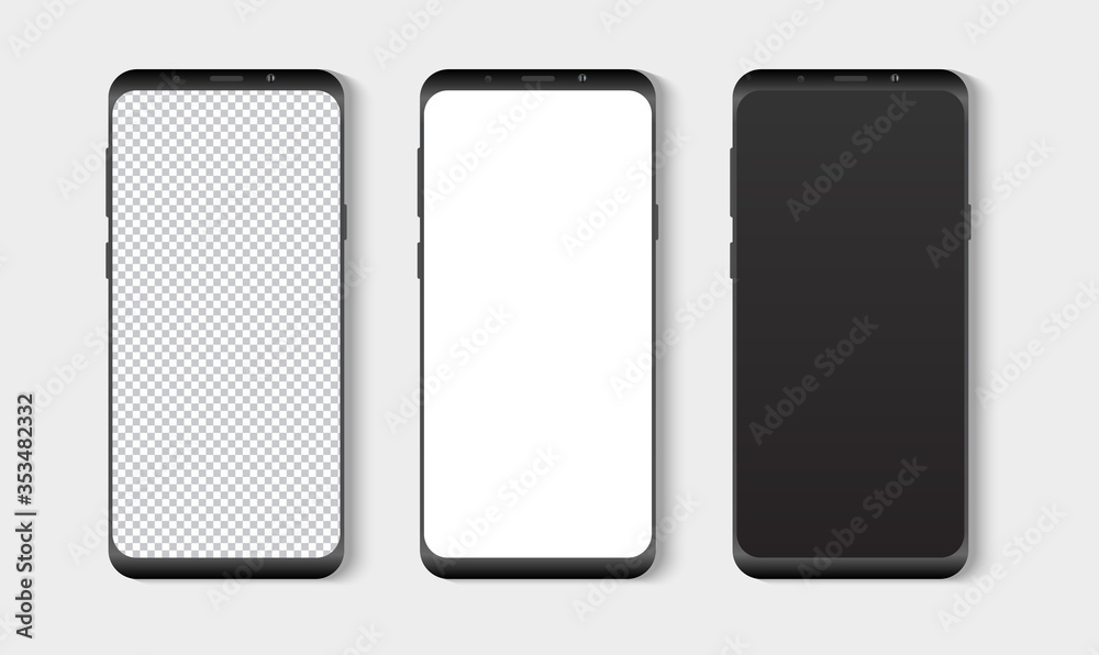 Realistic smartphone mockup set. Mobile phone blank, white, transparent screen design mock up. Isolated vector illustration Realistic smartphone mockup set. Mobile phone blank, white, transparent screen design mock up. Isolated vector illustration