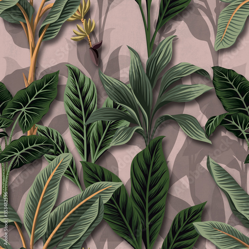 3D Fototapete Baum - Fototapete Vintage tropical palm trees banana tree seamless floral pattern pink background. Wallpaper exotic plant jungle.