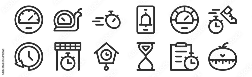 set of 12 thin outline icons such as kitchen timer, sand clock, finish line, speedometer, stopwatch, slow for web, mobile - obrazy, fototapety, plakaty 