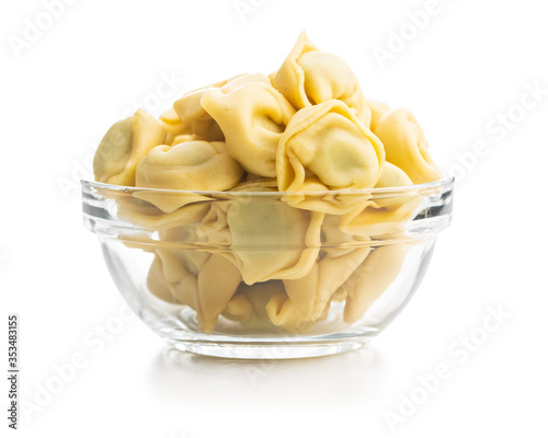 Tortellini pasta in glass bowl. Italian stuffed pasta