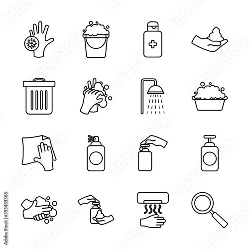trash can and hygiene icon set, line style
